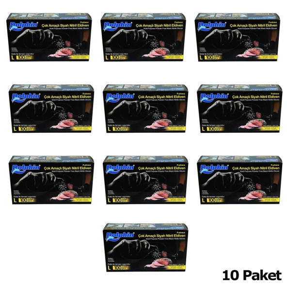 Dolphin Tek Kullanımlık Lateks Siyah Pudrasız Nitril Muayne Eldiveni Large - 100'lü 10 Paket - 2