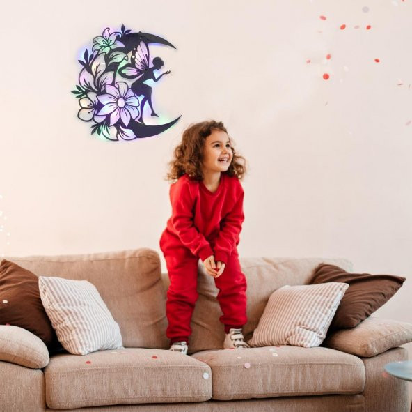 Veraart  Ahşap Çiçekli  Aydaki Peri Figürlü Duvar Dekorlu Gece Lambası  68 cm - 4