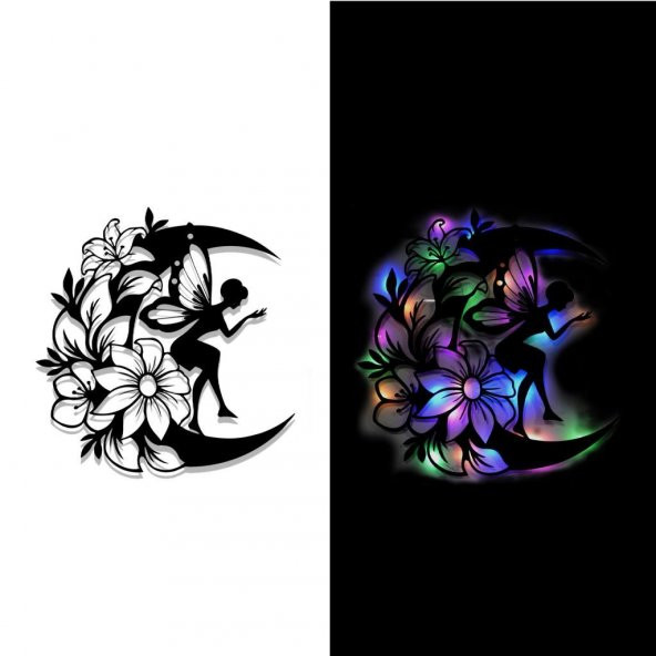 Veraart  Ahşap Çiçekli  Aydaki Peri Figürlü Duvar Dekorlu Gece Lambası  68 cm - 5