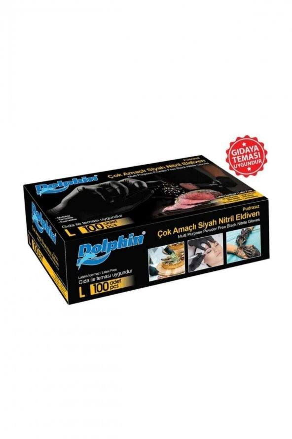 Dolphin Tek Kullanımlık Lateks Siyah Pudrasız Nitril Muayne Eldiveni Large - 100'lü 20 Paket - 3