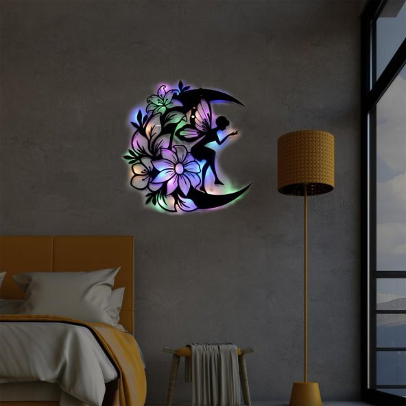 Veraart  Ahşap Çiçekli  Aydaki Peri Figürlü Duvar Dekorlu Gece Lambası  90 cm - 5