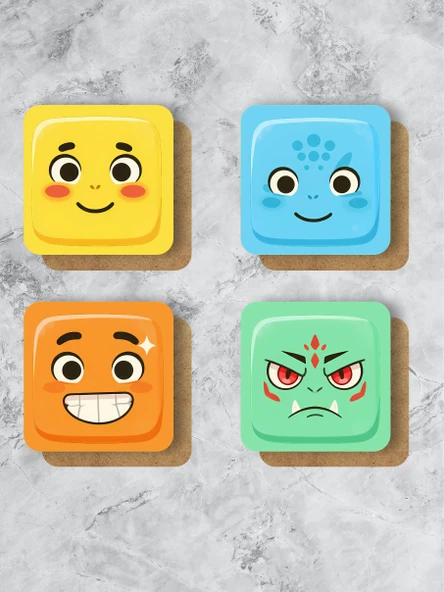 Sevimli Yüz İfadeleri Temalı Renkli Bardak Altlığı  4’lü Set (9x9 cm) - 2