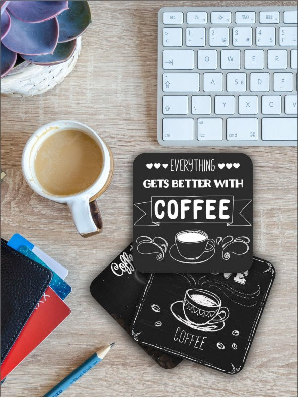 karbonsoft Siyah Kahve/Coffee Temalı Bardak Altlığı Ahşap Baskılı Altlık 6lı set (9 x9CM)