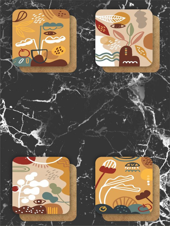 karbonsoft Rengarenk Sanat Temalı Bardak Altlığı Ahşap Baskılı Altlık 4lü set (9 x9CM)