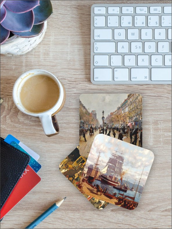 karbonsoft Tren Gemi Cami Temalı Ahşap Bardak Altlığı Ahşap Baskılı Altlık 6lı set (9 x9CM)