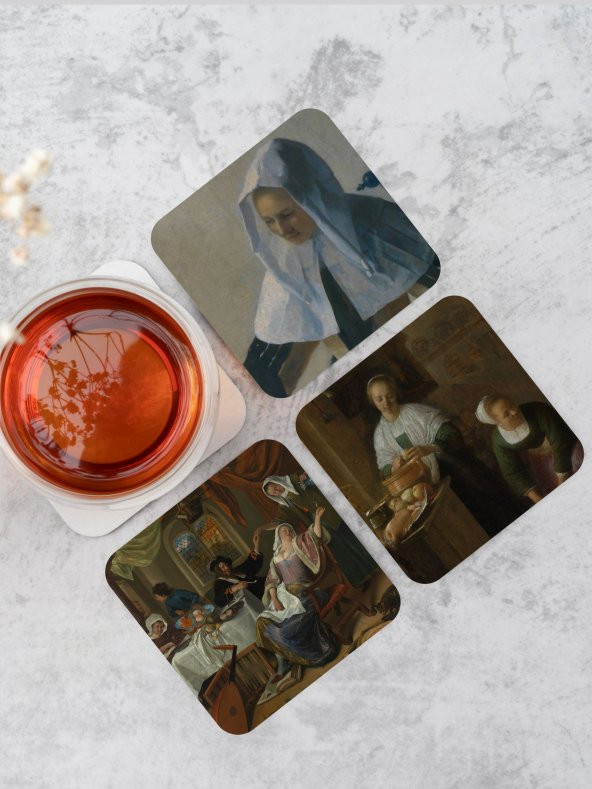 karbonsoft Johannes Vermeer Sanatı Temalı  Ahşap Bardak Altlığı Ahşap Baskılı Altlık 6lı set (9 x9CM)