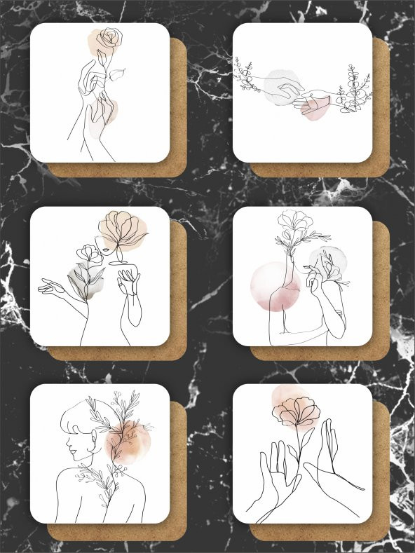 karbonsoft Bohom Kadın İllüstrasyon Temalı  Ahşap Bardak Altlığı Ahşap Baskılı Altlık 6lı set (9 x9CM) - 2