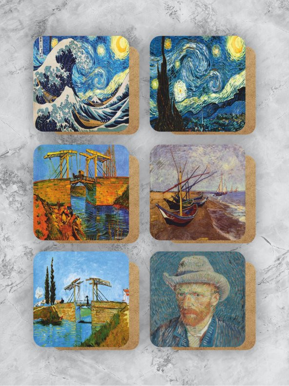 karbonsoft Van Gogh Temalı Ahşap Bardak Altlığı Ahşap Baskılı Altlık 6lı set (9 x9CM) - 2