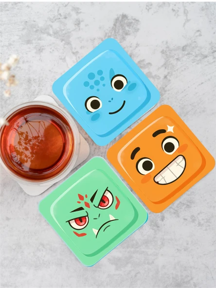 Sevimli Yüz İfadeleri Temalı Renkli Bardak Altlığı  4’lü Set (9x9 cm) - 5