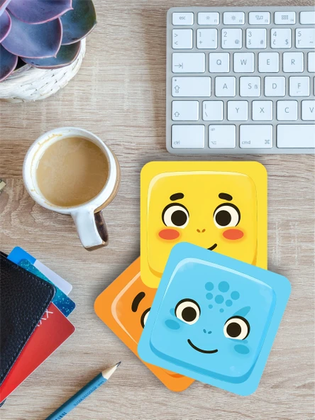 Sevimli Yüz İfadeleri Temalı Renkli Bardak Altlığı  4’lü Set (9x9 cm)