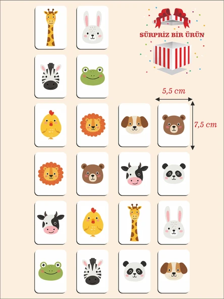 karbonsoft Zeka Kartları Ahşap Eğitici Hafıza Eşleştirme Oyunu Sevimli Hayvanlar Puzzle Oyuncak ( 5,5 x 7,5 CM)