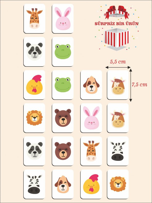karbonsoft Zeka Kartları Ahşap Eğitici Hafıza Eşleştirme Oyunu Sevimli Hayvanlar Puzzle Oyuncak ( 5,5 x 7,5 CM)