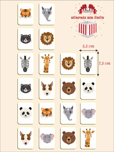 karbonsoft Zeka Kartları Eşleştirme Oyunu Sevimli Hayvan Hafıza Kartı Ahşap Eğitici Puzzle Oyuncak (5,5X7,5 Cm)