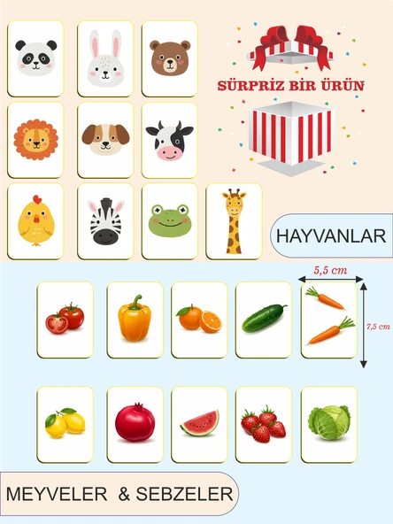 karbonsoft Zeka Kartları Eğitici Oyuncak Hafıza Kartı Hayvan Ve Meyveler Eğitici Puzzle Oyuncak ( 5,5 X 7,5 CM)