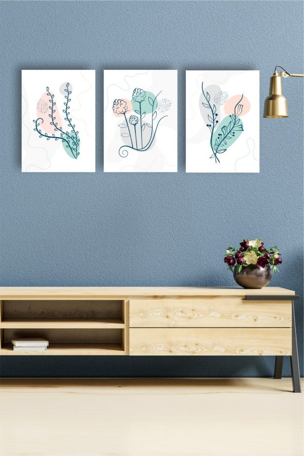 karbonsoft Dekoratif yeşil, sarı, gri çiçek dizayn mdf ahşap 3 parçalı tablo - 2