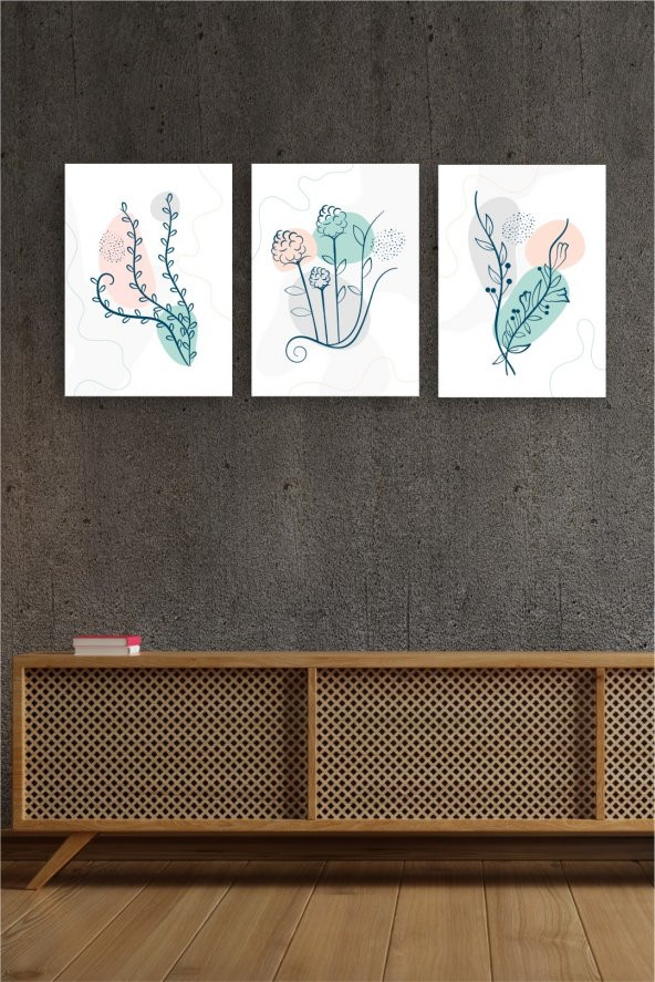 karbonsoft Dekoratif yeşil, sarı, gri çiçek dizayn mdf ahşap 3 parçalı tablo - 3