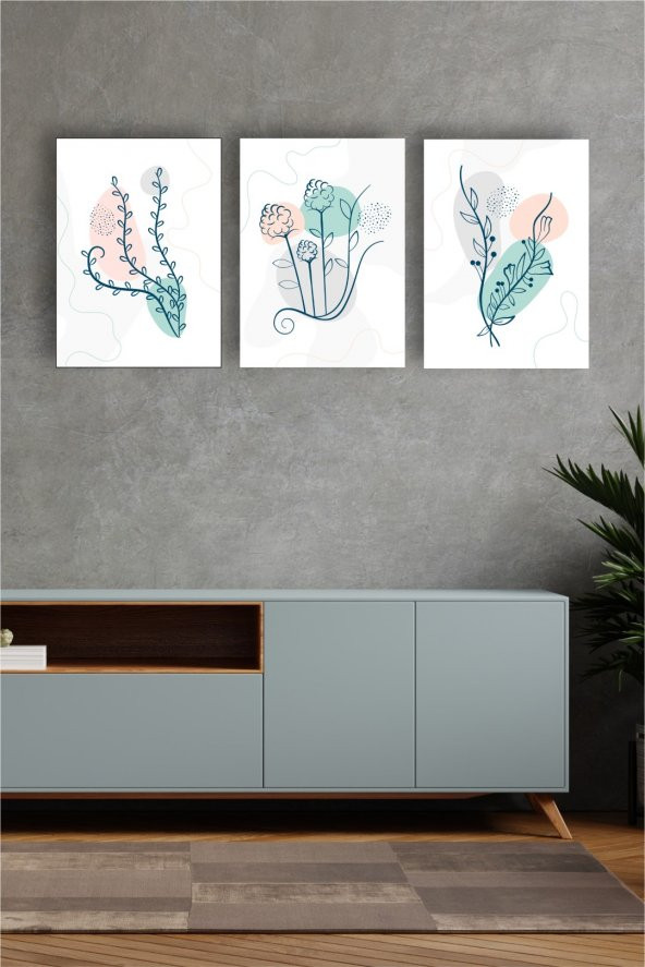 karbonsoft Dekoratif yeşil, sarı, gri çiçek dizayn mdf ahşap 3 parçalı tablo - 4