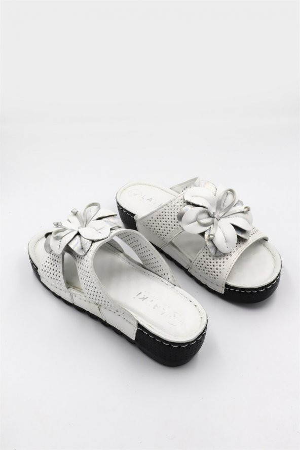 Ambrosio Beyaz Renkli Önü Çiçekli Lazer Baskılı Kadın Terlik - 2