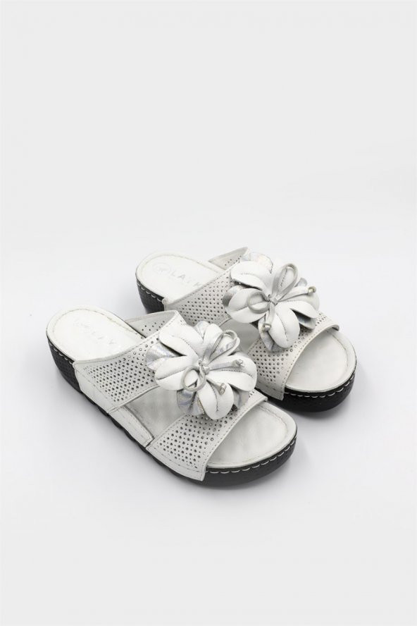 Ambrosio Beyaz Renkli Önü Çiçekli Lazer Baskılı Kadın Terlik - 3