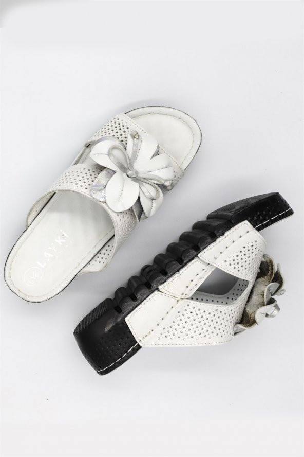 Ambrosio Beyaz Renkli Önü Çiçekli Lazer Baskılı Kadın Terlik - 4