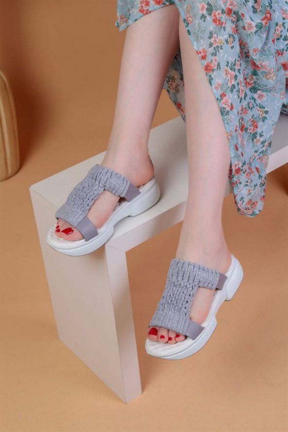 Knitting Gri Renkli El Örmesi Kadın Terlik - 2