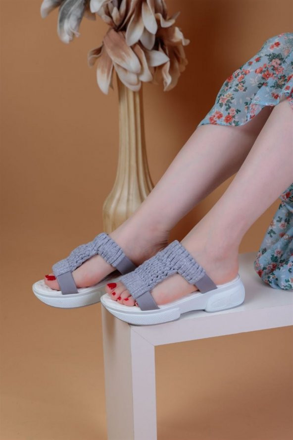 Knitting Gri Renkli El Örmesi Kadın Terlik - 4