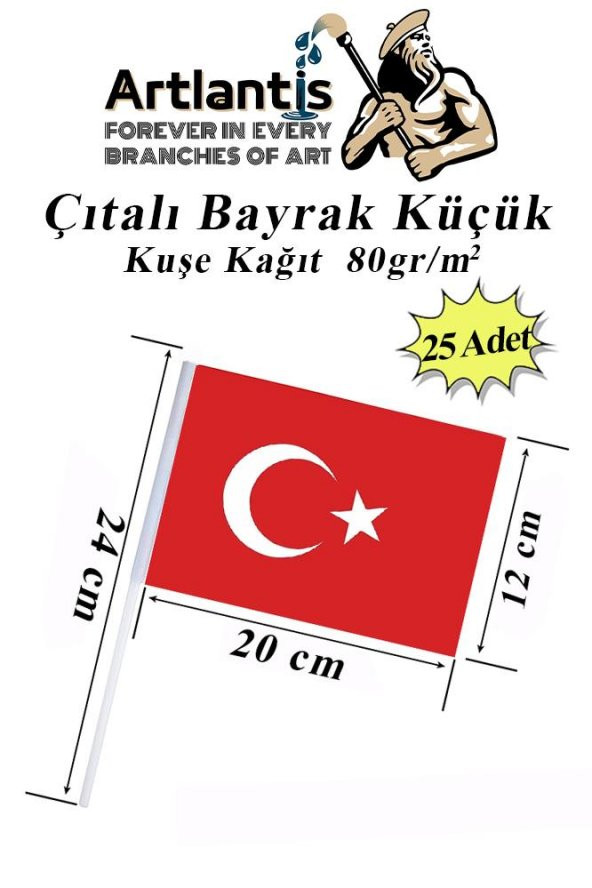 Çıtalı Bayrak Kağıt 20x12 cm 25 Adet Ay Yıldızlı Türk Bayrağı Çıtalı Sopalı Küçük Bayrak Plastik Çubuklu Bayrak