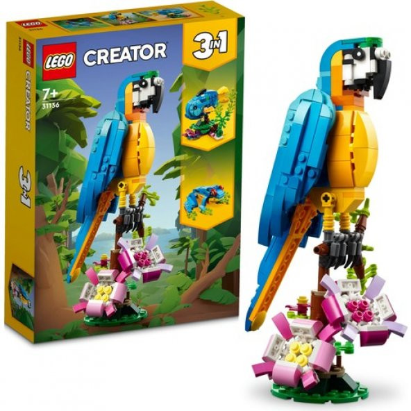 LEGO Creator Egzotik Papağan 31136 - 7 Yaş ve Üzeri Çocuklar için Papağan, Balık ve Kurbağa Modelleri İçeren Yaratıcı Oyuncak Yapım Seti (253 Parça)