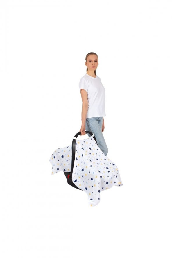 Müslin Puset Ve Ana Kucağı Örtüsü Art-41 Yıldız Yağmuru Mavi - 3