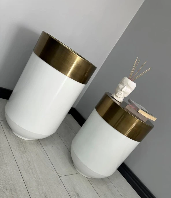 Dekoratif Eskitme Darbuka Parlak Beyaz Saksı 70cm + Sehpa 60cm İkili Set - 2