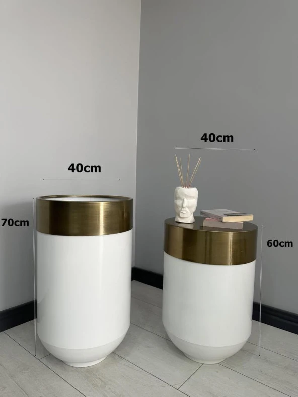 Dekoratif Eskitme Darbuka Parlak Beyaz Saksı 70cm + Sehpa 60cm İkili Set - 3