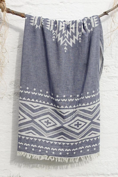 %100 Pamuklu 90x180 Peştemal Plaj Havlusu Etnik Desen Jakarlı - Resim 2