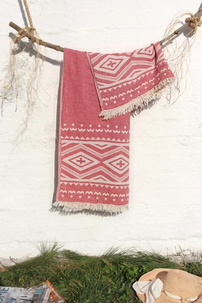 %100 Pamuklu 90x180 Peştemal Plaj Havlusu Etnik Desen Jakarlı - Resim 9