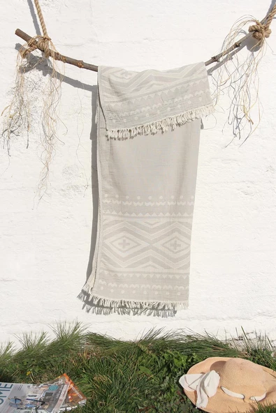 %100 Pamuklu 90x180 Peştemal Plaj Havlusu Etnik Desen Jakarlı - Resim 3