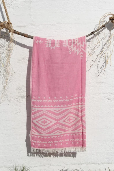 %100 Pamuklu 90x180 Peştemal Plaj Havlusu Etnik Desen Jakarlı - Resim 12