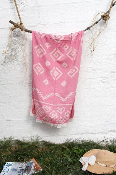 %100 Pamuk 90x180 Peştemal Plaj Havlusu Etnik Desen Jakarlı - Resim 3