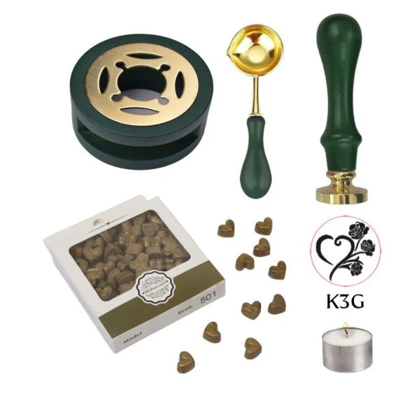 Davetiye Mum Mühürü Uygulama Seti Çim Yeşili Renk K3G Kalp 3 Gül ürün görseli
