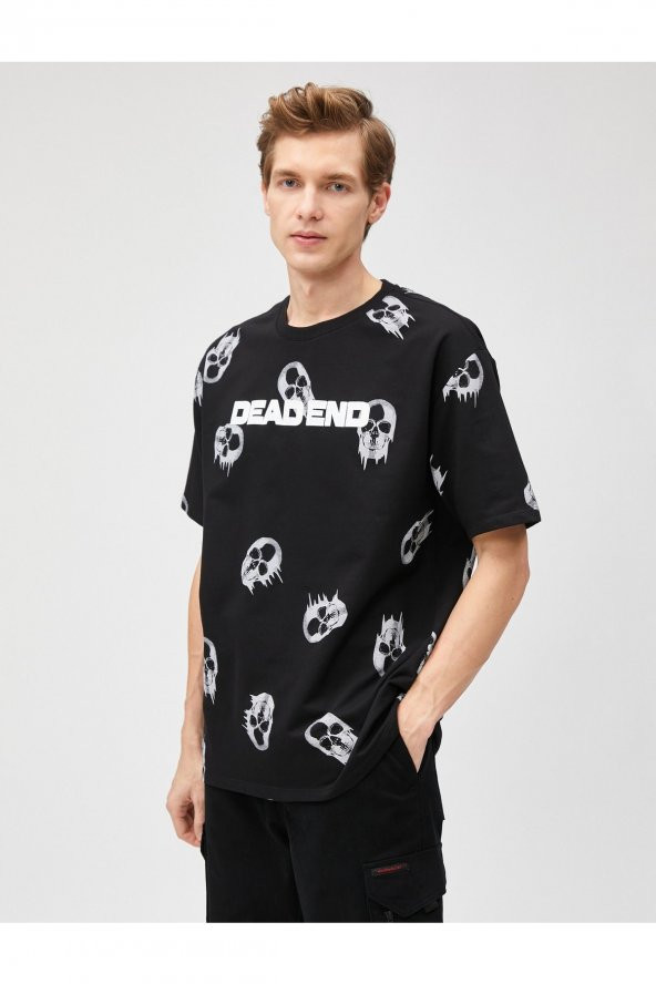 Oversize Tişört Kuru Kafa Baskılı Bisiklet Yaka Kısa Kollu - Resim 3