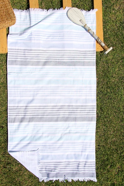 %100 Pamuk 90x175 Çizgili Püsküllü Plaj Havlusu - Resim 3