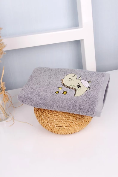 %100 Pamuk 50x90 Gri Nakışlı El / Yüz Havlusu - Resim 2