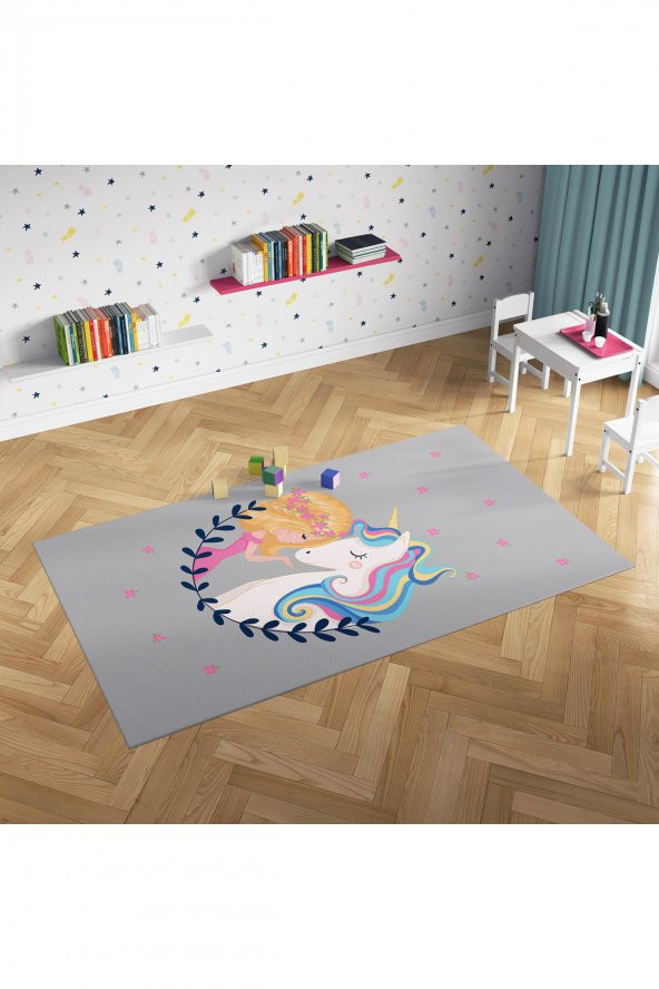 Evmila Dijital Baskı Sarı Saçlı Prenses ve Sevimli Unicorn   çocuk halısı ( 7mm Kalınlık )