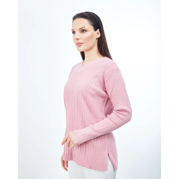 Kadın  Pudra Triko V Yaka Kışlık  Anne Esnek Kazak - 3