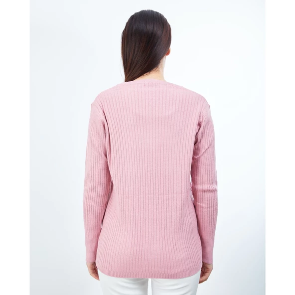 Kadın Pudra Triko V Yaka Kışlık Anne Esnek Kazak - 5