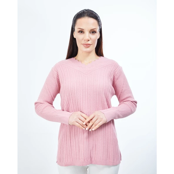 Kadın Pudra Triko V Yaka Kışlık Anne Esnek Kazak