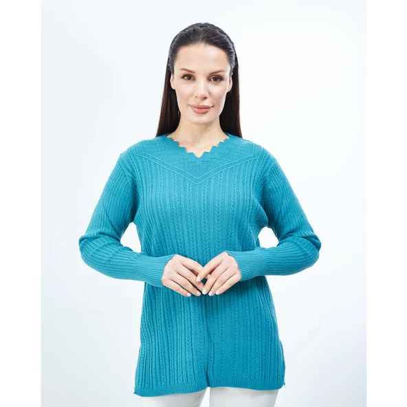 Kadın Mavi Triko V Yaka Kışlık Anne Esnek Kazak