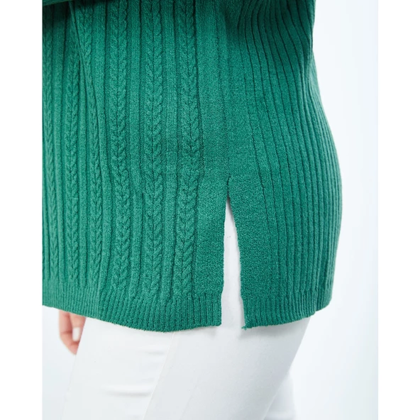 Kadın Yeşil Triko V Yaka Kışlık Anne Esnek Kazak - 3