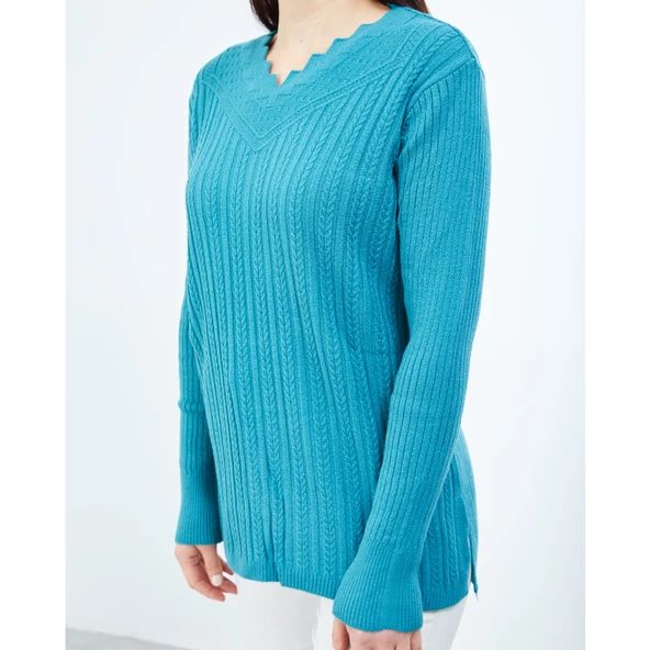 Kadın Mavi Triko V Yaka Kışlık Anne Esnek Kazak - 3