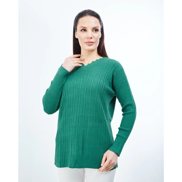 Kadın Yeşil Triko V Yaka Kışlık Anne Esnek Kazak