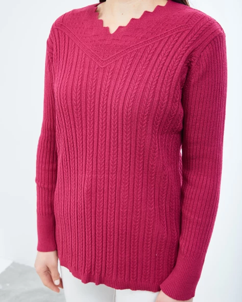 Kadın Gül Kurusu Triko V Yaka Kışlık Anne Esnek Kazak - 8