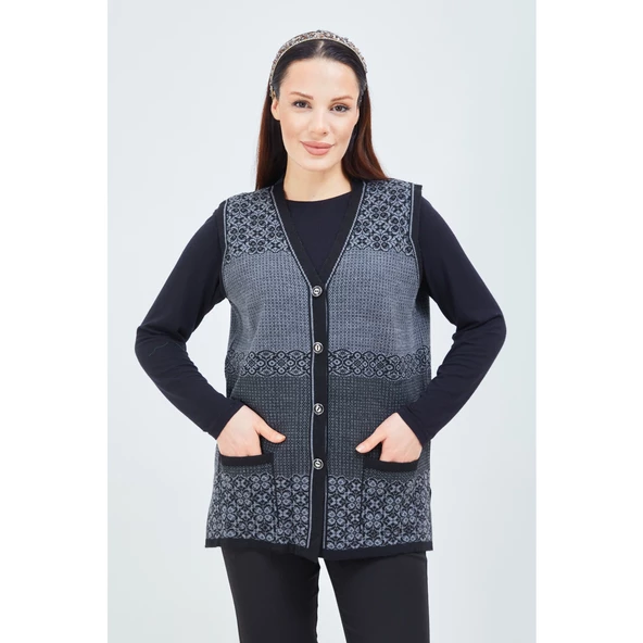 Kadın Siyah Gri Desenli Triko Düğmeli Cepli Kışlık Anne Yeleği